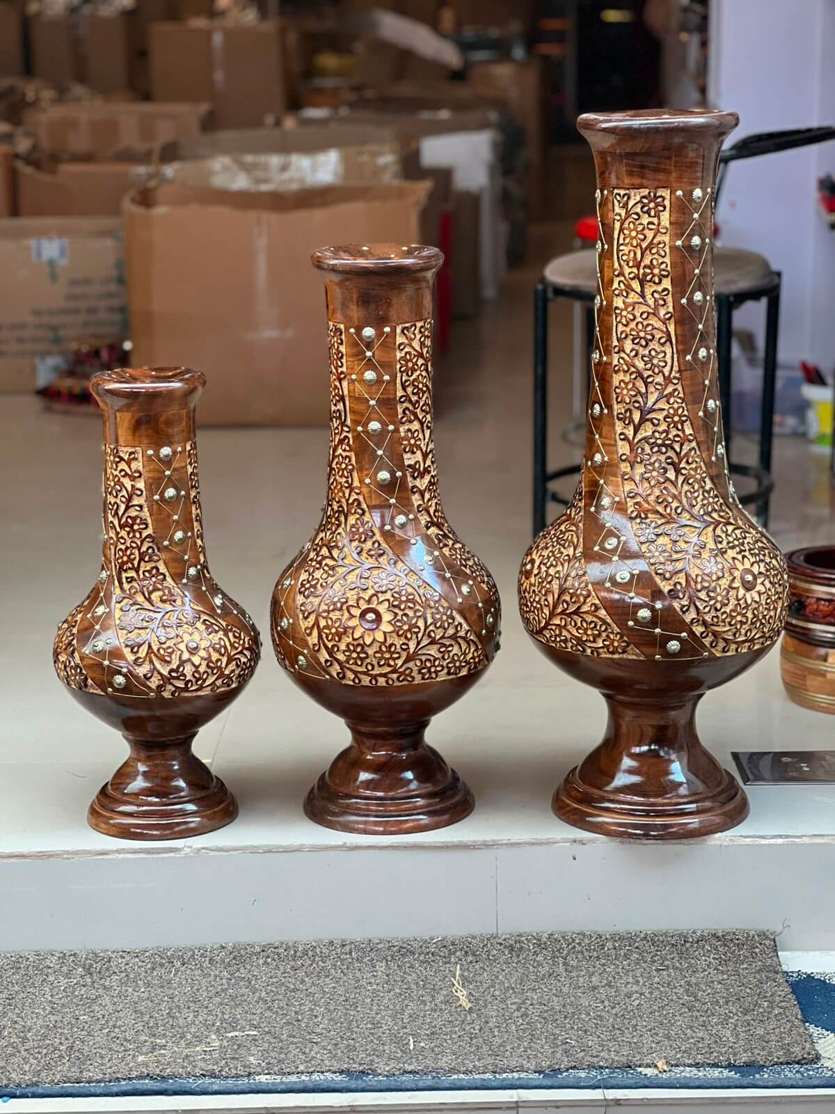 Handcrafted Kashmiri Walnut Wood Decorative Vase Set