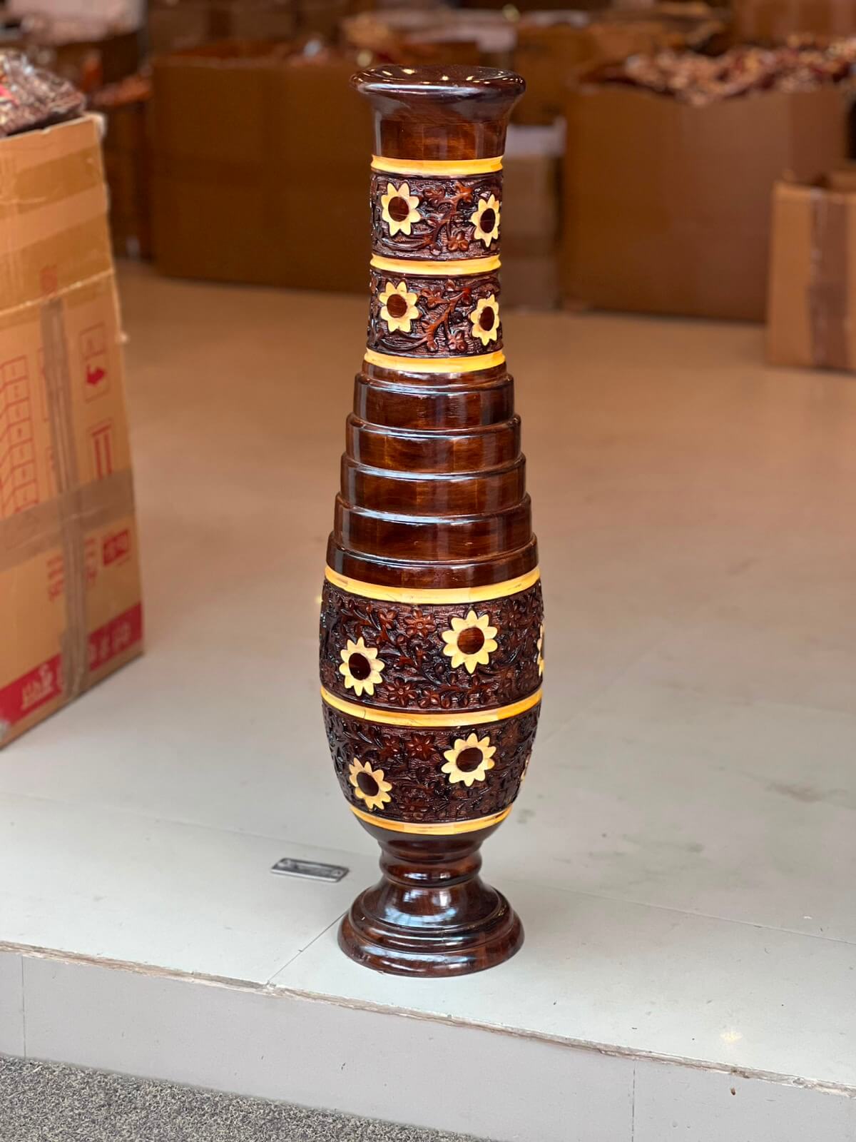 Hand-Carved Walnut Wood Inlay Floor Vase